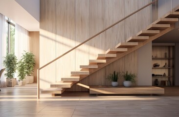 Interior architecture design of wooden entrance hallway with staircase in a minimal or topical house. Generative AI.