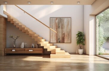 Interior architecture design of wooden entrance hallway with staircase in a minimal or topical house. Generative AI.