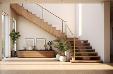 Interior architecture design of wooden entrance hallway with staircase in a minimal or topical house. Generative AI.