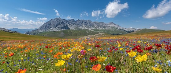 A variety of wild flowers blooming in alpine meadows with a big space and sky backdrop for text or floral backdrop for product advertisement, Generative AI.