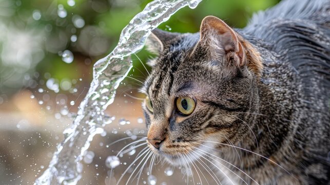 Hyperrealistic details photo of washing red cat and splashing water, pet care concept, banner
