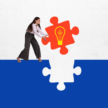 Contemporary art collage. Young woman, worker put vibrant piece of puzzle with light bulb on it to empty space. Concept of business development, career growth, cooperation and work in team. Ad