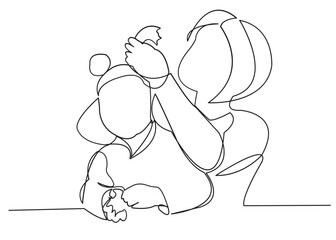 continuous single drawn one line mom combs daughter painted by hand picture silhouette. Line art. character a woman does her hairdo to her daughter