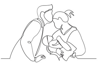 one continuous drawn line of a young couple with a newborn hand-drawn picture of a silhouette. Line art. character mommy's daddy and baby in the hospital. single line