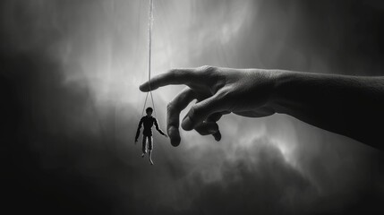A black and white image of a marionette in the hand of a human being illustrates the concept of control...