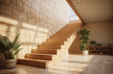 Interior architecture design of wooden entrance hallway with staircase in a minimal or topical house. Generative AI. - obrazy, fototapety, plakaty