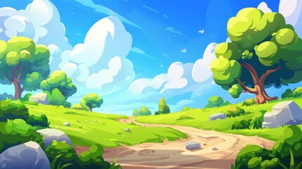 The landscape of a rural field with grass, bushes, and trees is set against a blue sky with fluffy clouds. Modern illustration of a terrain for a game.