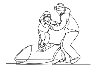 continuous single drawn one-line concept of family sports, a children's snowboard hand-drawn picture silhouette. Line art. character parent teaches the child to stand on the blackboard