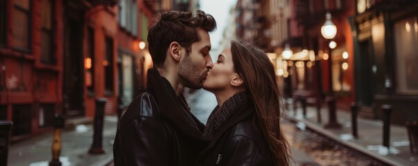 A beautiful couple young people kissing in the city, love in the air.