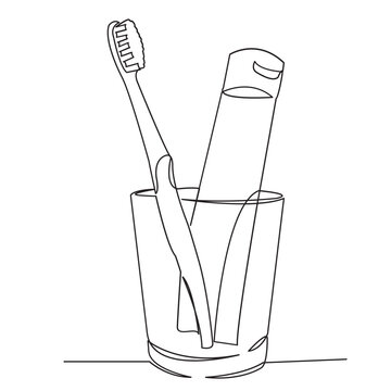 recommend clip art: one continuous drawn line of a glass with a toothbrush and toothpaste drawn from a hand picture silhouette. Line art. single line oral hygiene
