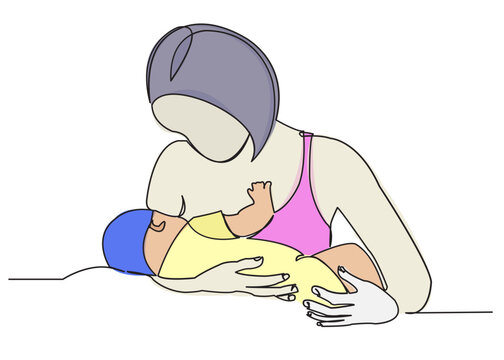 continuous single drawn one line woman is breastfeeding a child drawn picture silhouette. Line art. character mother feeds a newborn baby color illustration of character mother breastfeeding