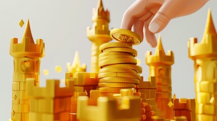 A hand puts gold coins on a money stack as a concept of saving, banking, investment, wealth growth, and financial donation. 3D rendering illustration isolated on white.