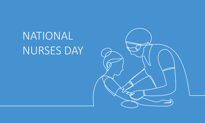 Banner National Nurses Day. A healthcare worker gives an injection to a patient. Medical procedure. Text, inscription. Vector linear illustration on blue