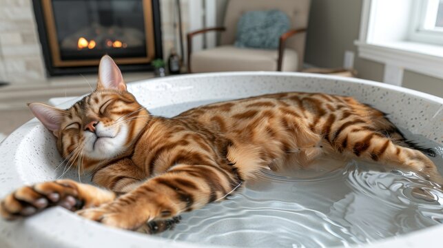 Hyperrealistic photo of bengal cat enjoying a bath in water, pet concept for banner design
