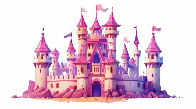 Isolated on white background are adorable royal fortresses with turrets, flags, bridges and domes, as well as Arab or European fantasy fortresses with flags. Cartoon modern illustration.