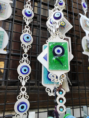 Traditional Oriental Turkish blue pendant decorative amulet for home with an eye against the evil eye, the eye of Fatima