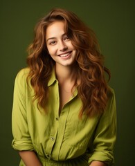 Obraz premium Portrait of caucasian girl, wearing a casual clothing and smiling on studio color background