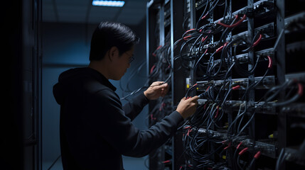 A technician works near the racks of a modern data centre. The system administrator configures the computer hardware.