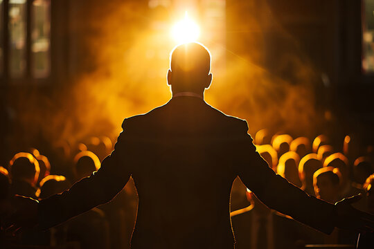 Preacher conveying strong message, clear, inspirational setting,