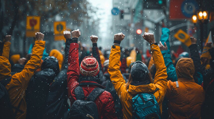 Protesters Unite in Snowy Urban Setting for Common Cause - obrazy, fototapety, plakaty