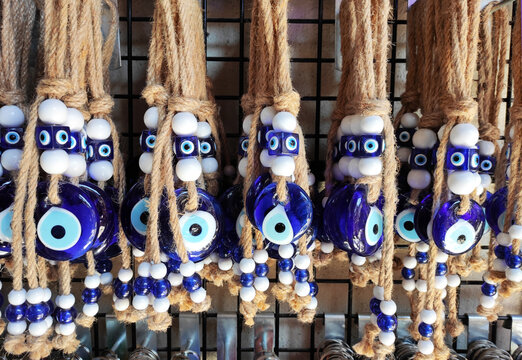 Traditional Oriental Turkish blue pendant decorative amulet for home with an eye against the evil eye, the eye of Fatima