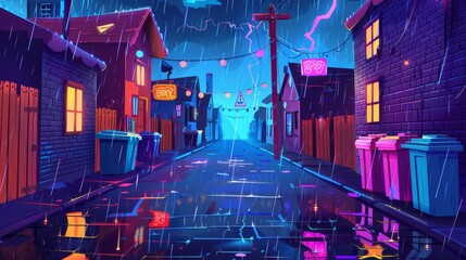 A back street alley with old city houses in the rain at night. Empty dark alleyway with town houses, neon signs on brick walls, trash bins and lightning. Modern cartoon illustration of an alleyway - obrazy, fototapety, plakaty