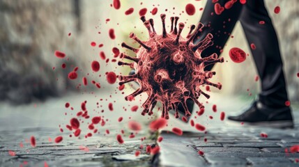 The big hand of Coronavirus knocks down the man's spirits. Concept of unexpected problems in business due to Coronavirus. - obrazy, fototapety, plakaty
