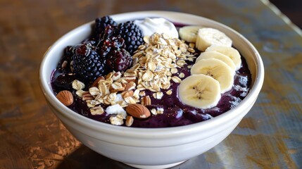 Acai Bowl topped with Yogurt Blackberries Bananas Walnuts Honey Jam Oats Almonds Sesame Seeds and Granola in a Porcelain Bowl