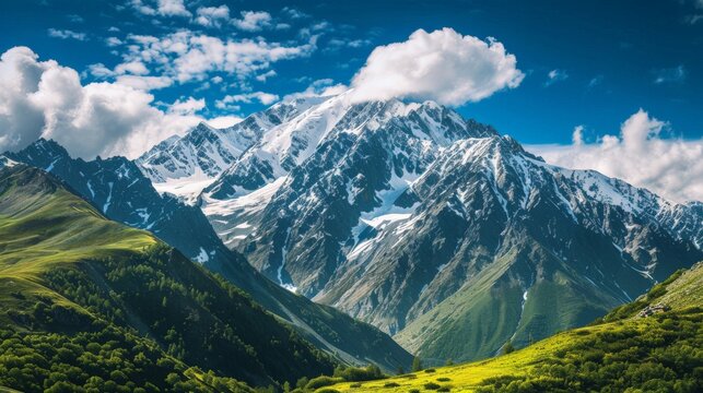 Majestic mountain landscape with snow peaks under blue sky
