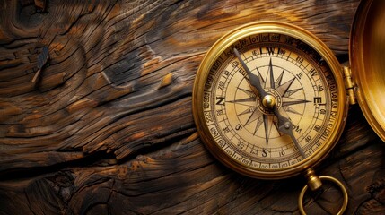 Vintage compass on a wooden table, making a decision, choosing a direction, flat lay, banner, empty space - obrazy, fototapety, plakaty