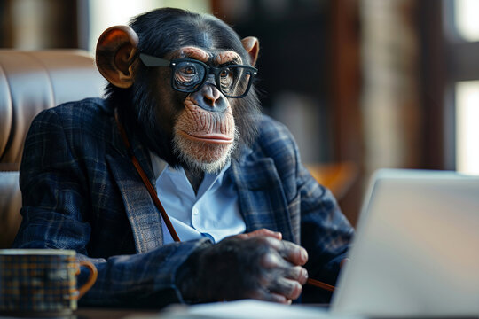 Suited monkey in modern office, businessman style, clear bg,