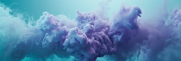 Purple clouds in light blue background with blue smoke, in the style of symbolism, cross processing, translucent water, octane render, interactive installation, precarious balance, textured splashes