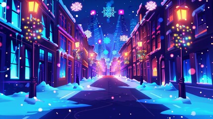City street perspective view with neon illumination and christmas decorations. Modern megalopolis district with multistorey houses glowing with light, snowflake lamps, cartoon illustration. - obrazy, fototapety, plakaty