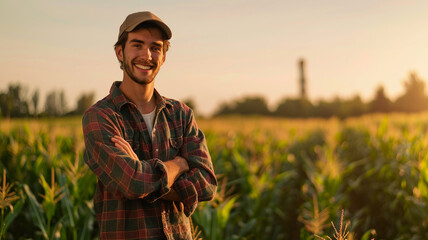 A young farmer stands with his arms crossed and smiling in the corn field in the morning. - 786165166
