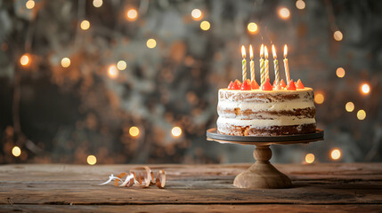 Beautiful birthday cake with burning candles on stand - Powered by Adobe