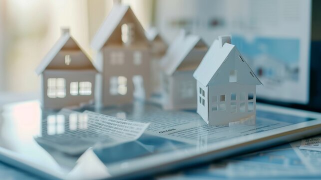Paper houses stick out of a tablet computer screen. A concept of modern technologies in the real estate industry involves buying a house online.