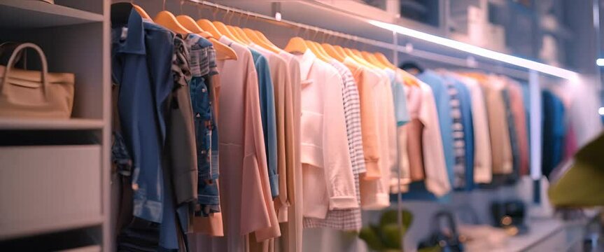 A smart closet recommending outfits based on the weather, clothes and closet interior softly blurred