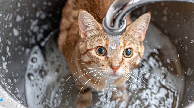 Hyperrealistic details photo of washing red cat and splashing water, pet care concept, banner