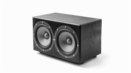 Obraz premium Isolated white background with black wooden sound speaker.