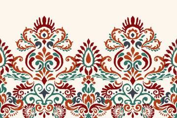 Damask Ikat floral pattern on white background vector illustration.	