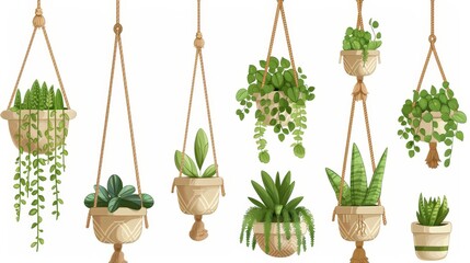 Plants in macrame hanging pots, isolated on a white background. Green planters in handmade holders for home interior decoration. Cartoon modern illustration, icons set. - obrazy, fototapety, plakaty