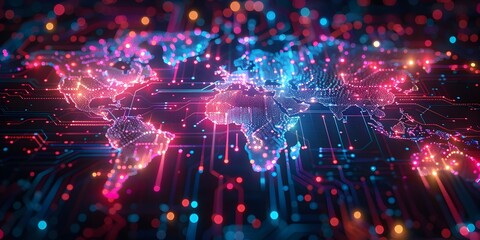 Fototapeta premium Vibrant Holographic World Map Showcasing Global Digital Trends at Tech Conference