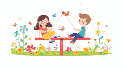 Obraz na płótnie Canvas Happy girl and boy kids swinging on seesaw.