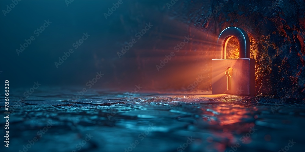 Poster digital padlock with luminous keyhole unlocking secure data in dark blue background