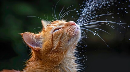 Hyperrealistic details photo of washing red cat and splashing water, pet concept, banner - obrazy, fototapety, plakaty