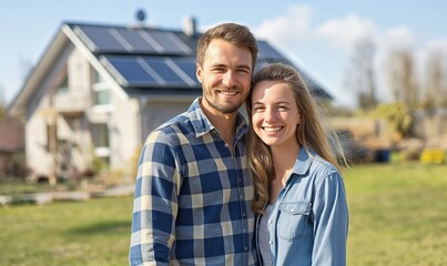 Fototapeta premium Happy couple young man and woman standing near their new eco friendly passive house with photovoltaic system solar panels for renewable energy on sunny day