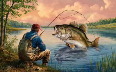 illustration, fishing - obrazy, fototapety, plakaty