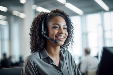 Smiling American customer service representative working with a headset in the office. Call center agent with headset making a video call. Black woman telemarketing agent works in a call center. AI.