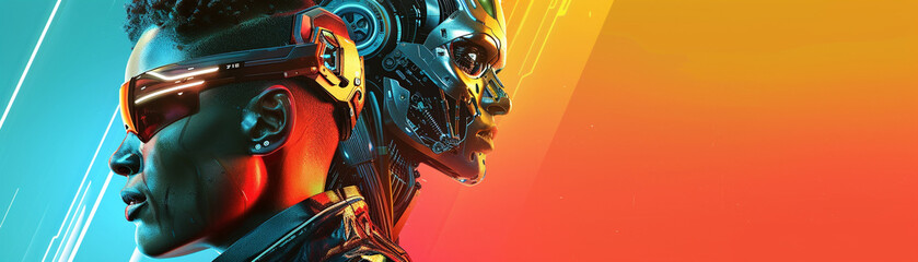 A cyborg and a human standing side by side, each showcasing a different blend of technological and organic features against a vibrant, neon-lit background