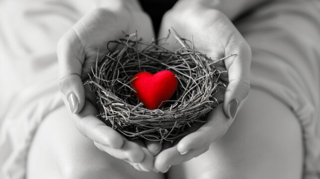 Images of bird nests with red hearts in women's and men's hands. Isolated white background featuring love and marital bliss. Black and white photograph.